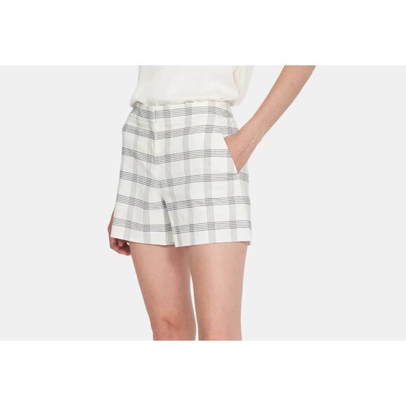 $215 New Theory Shorts Womens Sz 10 Linen Plaid Pockets High Rise Zipper - Picture 1 of 9